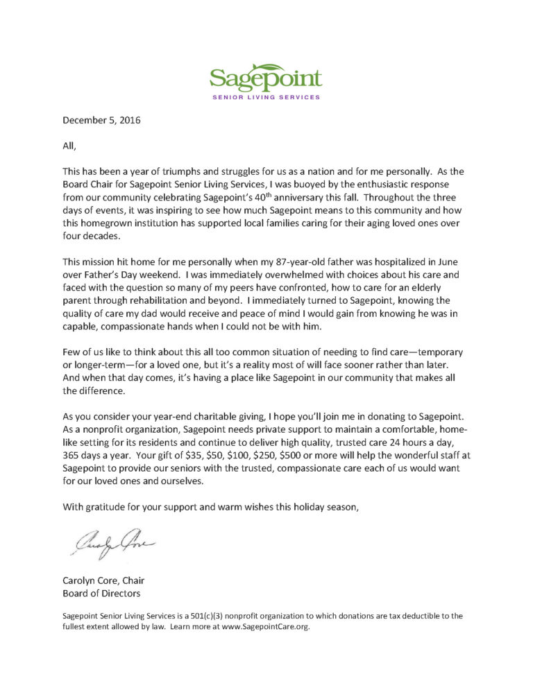 Letter From Our Board Chair | Sagepoint Senior Living Services